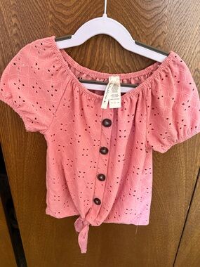 Eyelet Tie-Front Off-Shoulder Top - Pink